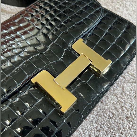 Vintage Umberto H Gold Black Patent Croc Leather Crossbody Shoulder Constance - Picture 2 of 11